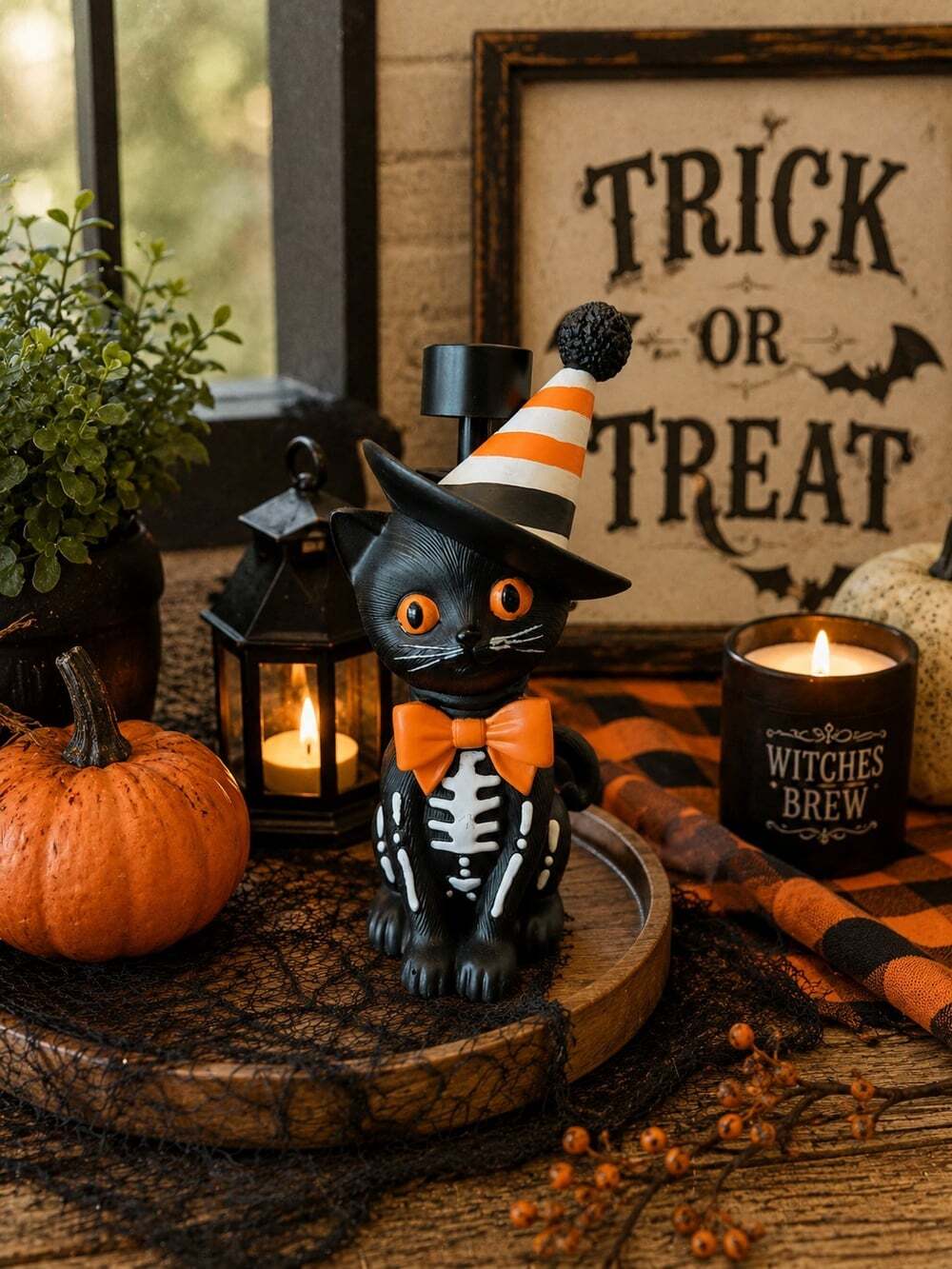 New Black Cat Skeleton With Orange Witch Hat Halloween Soap Dispenser Spooky